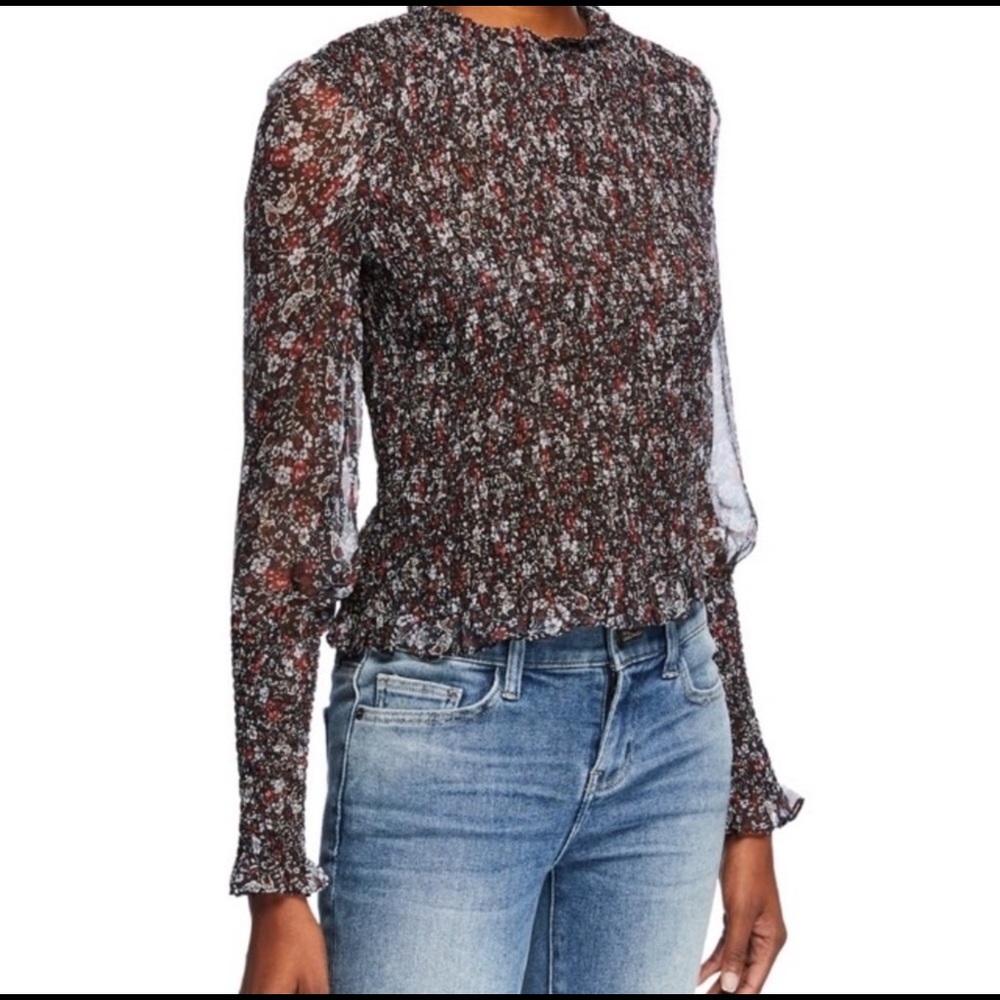 Veronica Beard Faire Crewneck Bishop Sleeve Smocked Floral Print Top 2